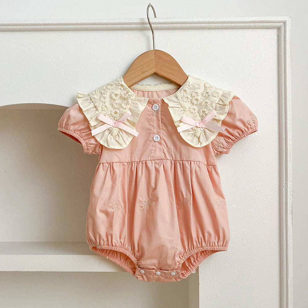 MyKids-USA® Design Baby Kids Girls Floral Pattern Collar Short Sleeves Bows Embroidery bodysuit or Girls’ Dress – Princess Sister Matching