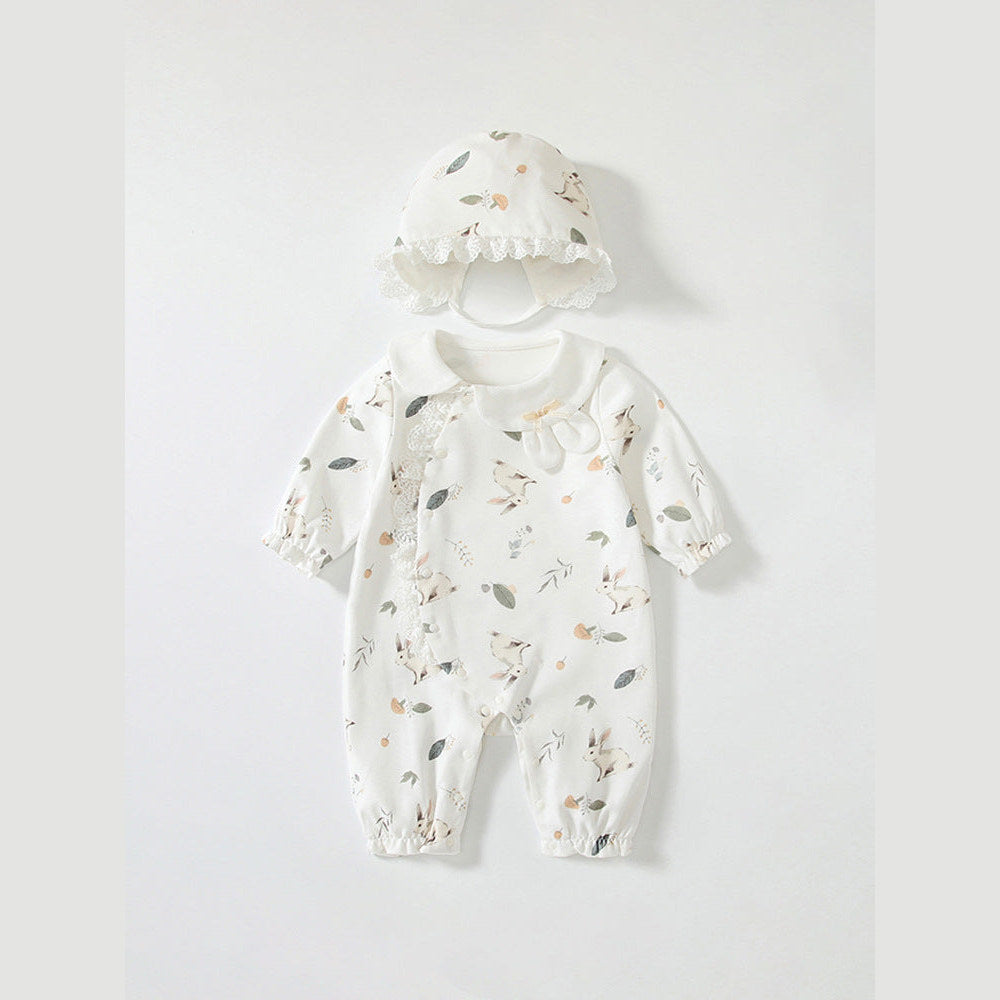 MyKids-USA® Baby Girls Flowers and Rabbits Pattern Romper with Cute Collar