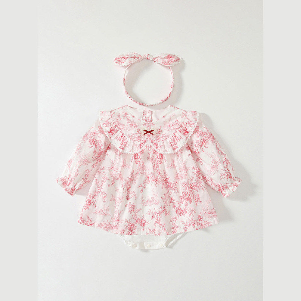 MyKids-USA® Baby Girls Flowers Pattern Lace-Trim Peter Pan Collar bodysuit Dress
