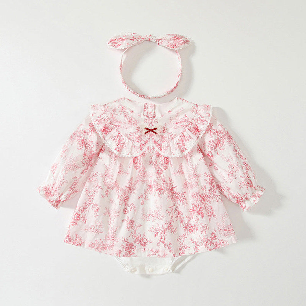 MyKids-USA® Baby Girls Flowers Pattern Lace-Trim Peter Pan Collar bodysuit Dress