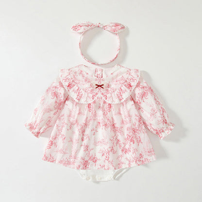 MyKids-USA® Baby Girls Flowers Pattern Lace-Trim Peter Pan Collar bodysuit Dress