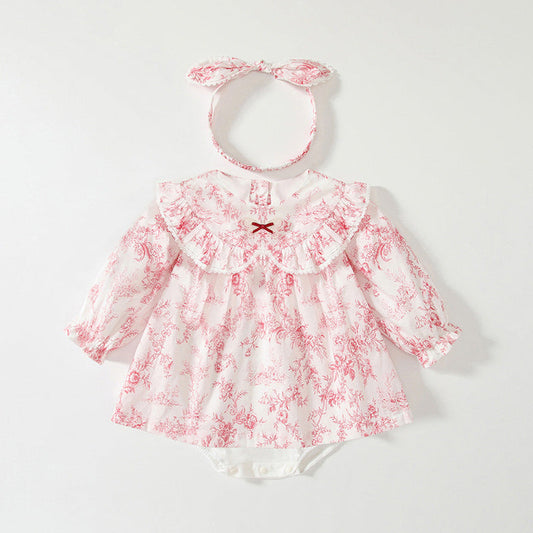 MyKids-USA® Baby Girls Flowers Pattern Lace-Trim Peter Pan Collar bodysuit Dress
