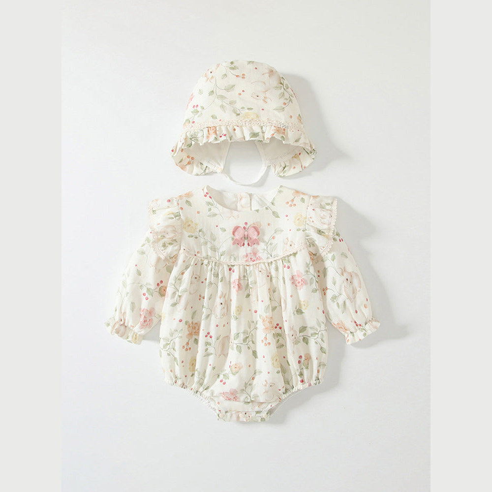 MyKids-USA® Baby Girls Flowers Pattern Long Sleeved bodysuit with Hat