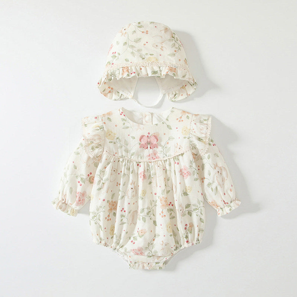 MyKids-USA® Baby Girls Flowers Pattern Long Sleeved bodysuit with Hat