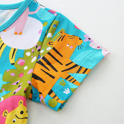 MyKids-USA® Pure Cotton Cartoon Jungle Animals Pattern Short Sleeves Dress for Stylish Girls