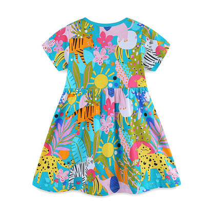 MyKids-USA® Pure Cotton Cartoon Jungle Animals Pattern Short Sleeves Dress for Stylish Girls