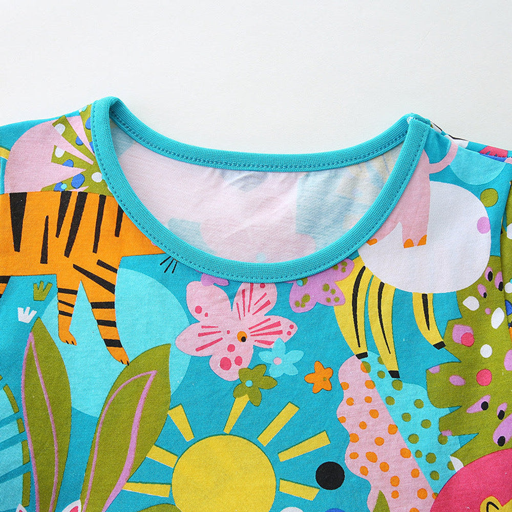 MyKids-USA® Pure Cotton Cartoon Jungle Animals Pattern Short Sleeves Dress for Stylish Girls