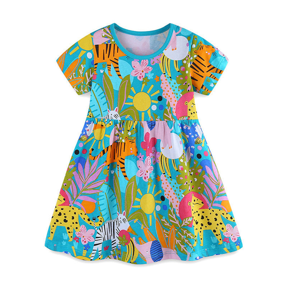 MyKids-USA® Pure Cotton Cartoon Jungle Animals Pattern Short Sleeves Dress for Stylish Girls