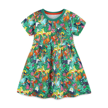 MyKids-USA® Pure Cotton Cartoon Jungle Animals Pattern Short Sleeves Dress for Stylish Girls
