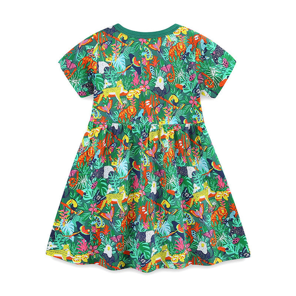 MyKids-USA® Pure Cotton Cartoon Jungle Animals Pattern Short Sleeves Dress for Stylish Girls