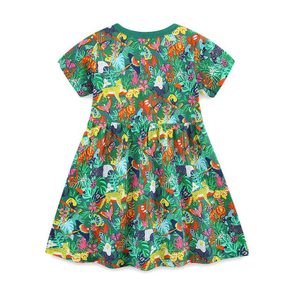 MyKids-USA® Pure Cotton Cartoon Jungle Animals Pattern Short Sleeves Dress for Stylish Girls