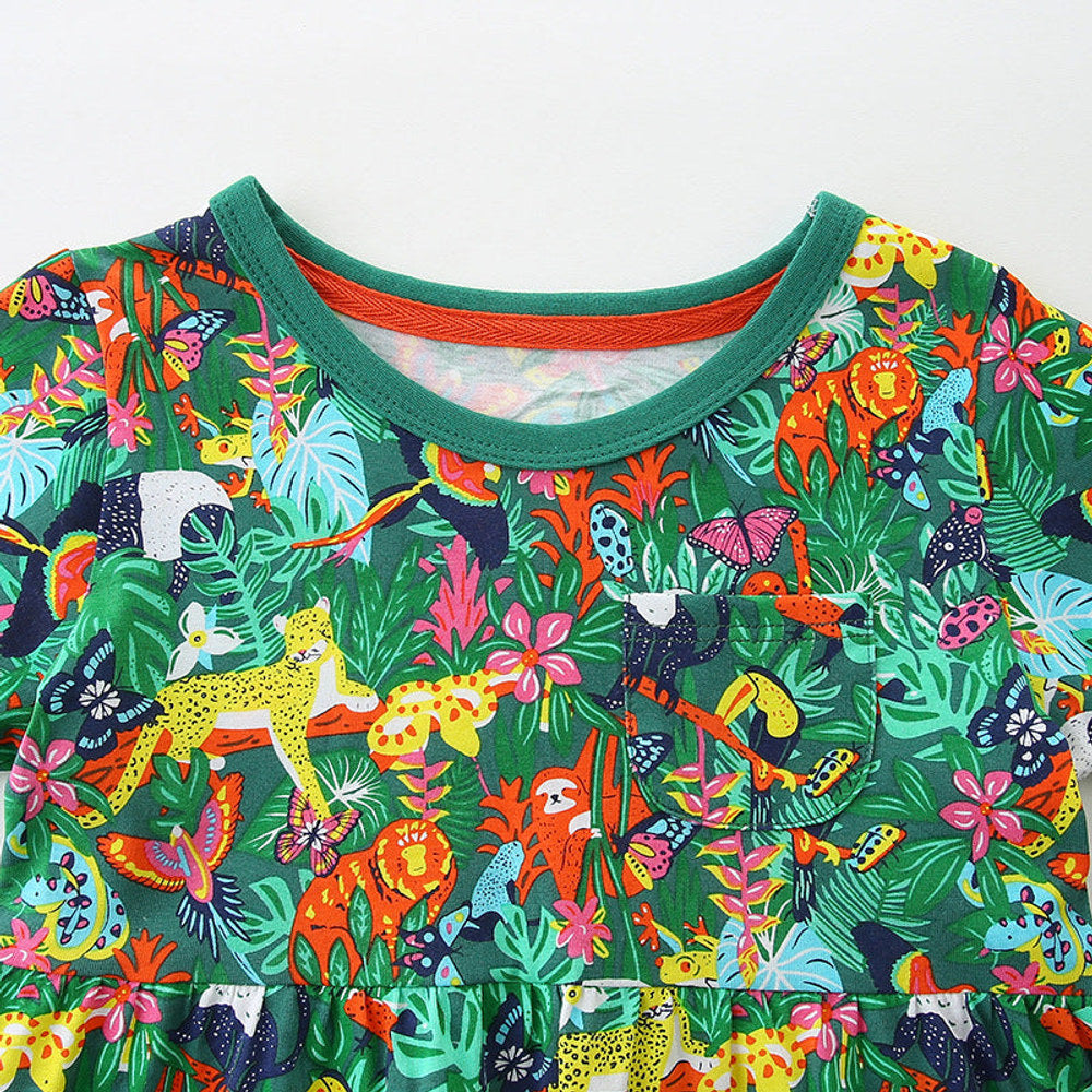 MyKids-USA® Pure Cotton Cartoon Jungle Animals Pattern Short Sleeves Dress for Stylish Girls