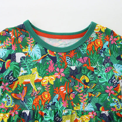 MyKids-USA® Pure Cotton Cartoon Jungle Animals Pattern Short Sleeves Dress for Stylish Girls
