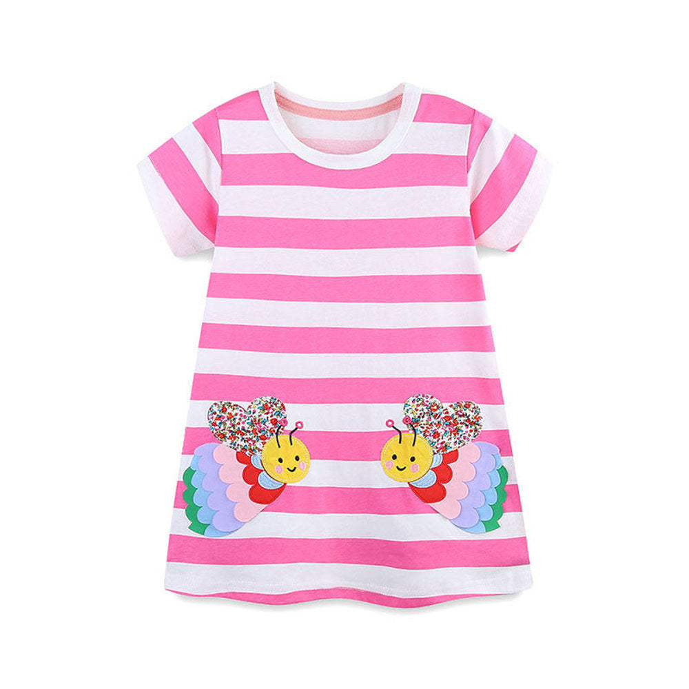MyKids-USA® Design Girls Striped and Bees Pattern Short Sleeves Dress