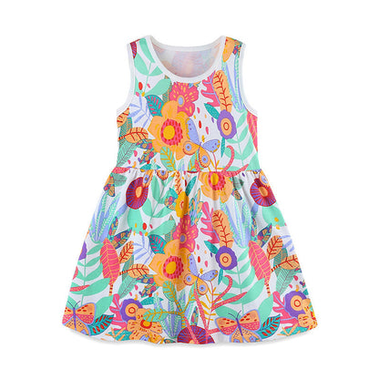 MyKids-USA® Pure Cotton Cartoon Jungle Floral Pattern Sleeveless Dress for Stylish Girls