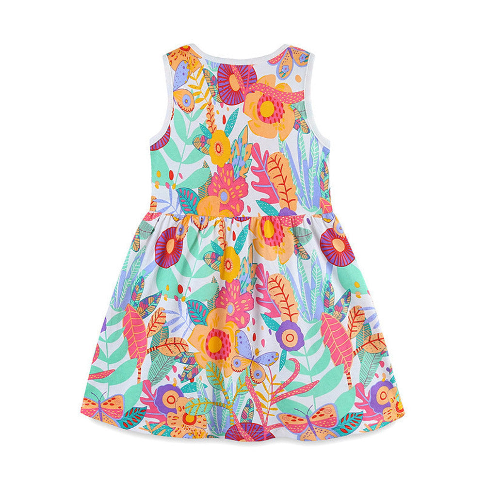 MyKids-USA® Pure Cotton Cartoon Jungle Floral Pattern Sleeveless Dress for Stylish Girls