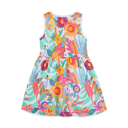 MyKids-USA® Pure Cotton Cartoon Jungle Floral Pattern Sleeveless Dress for Stylish Girls