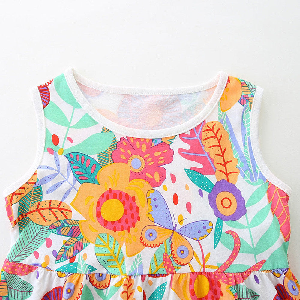 MyKids-USA® Pure Cotton Cartoon Jungle Floral Pattern Sleeveless Dress for Stylish Girls
