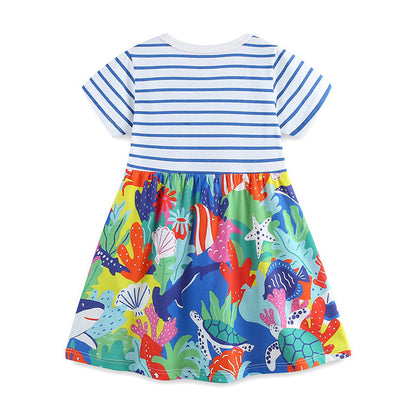 MyKids-USA® Pure Cotton Cartoon Jungle Floral Pattern Short Sleeves Dress for Stylish Girls