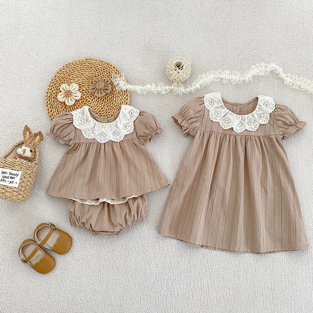 MyKids-USA® Design Baby Kids Girls Floral Pattern Lace Short Sleeves Dress and Bloomers – Princess Sister Matching