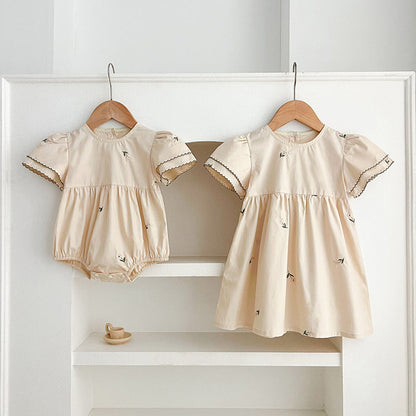 MyKids-USA® Baby Girls French-style Flowers Embroidery Pattern Short-sleeved bodysuit or Dress – Princess Sister Matching