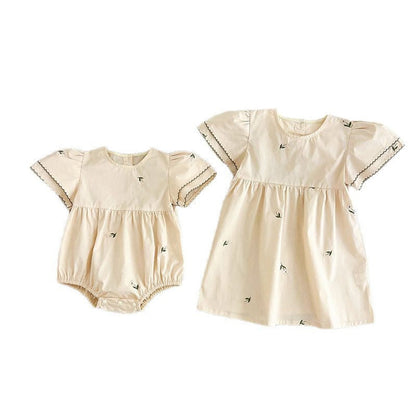 MyKids-USA® Baby Girls French-style Flowers Embroidery Pattern Short-sleeved bodysuit or Dress – Princess Sister Matching