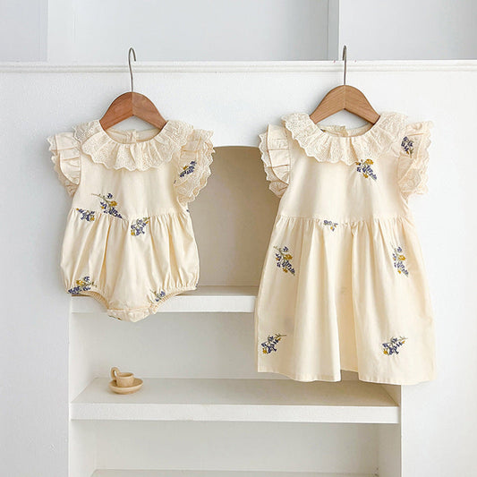 MyKids-USA® Baby Girls French-style Flowers Embroidery Pattern Fly-sleeved bodysuit and Dress – Princess Sister Matching