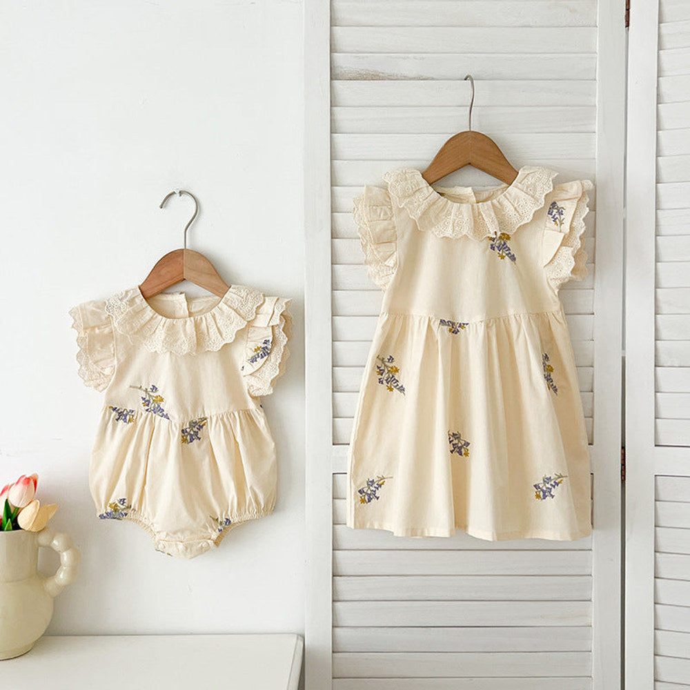 MyKids-USA® Baby Girls French-style Flowers Embroidery Pattern Fly-sleeved bodysuit or Dress – Princess Sister Matching