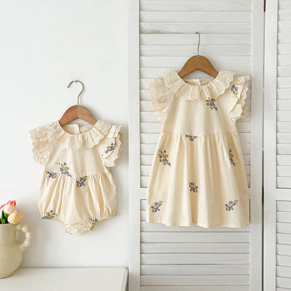 MyKids-USA® Baby Girls French-style Flowers Embroidery Pattern Fly-sleeved bodysuit or Dress – Princess Sister Matching