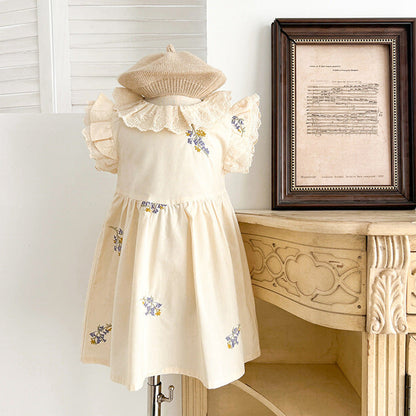 MyKids-USA® Baby Girls French-style Flowers Embroidery Pattern Fly-sleeved bodysuit or Dress – Princess Sister Matching