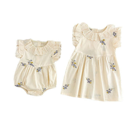 MyKids-USA® Baby Girls French-style Flowers Embroidery Pattern Fly-sleeved bodysuit or Dress – Princess Sister Matching