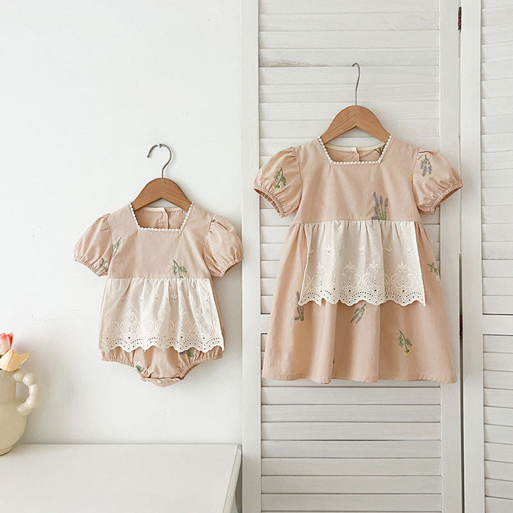 MyKids-USA® Baby Girls French-style Flowers Embroidery Pattern Short-sleeved bodysuit or Dress – Princess Sister Matching