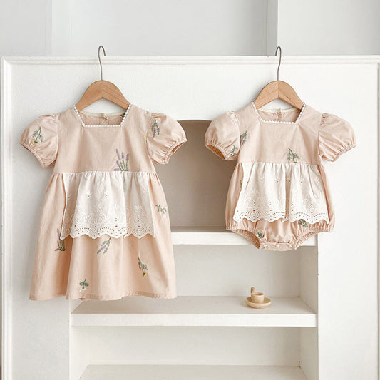 MyKids-USA® Baby Girls French-style Flowers Embroidery Pattern Short-sleeved bodysuit and Dress – Princess Sister Matching