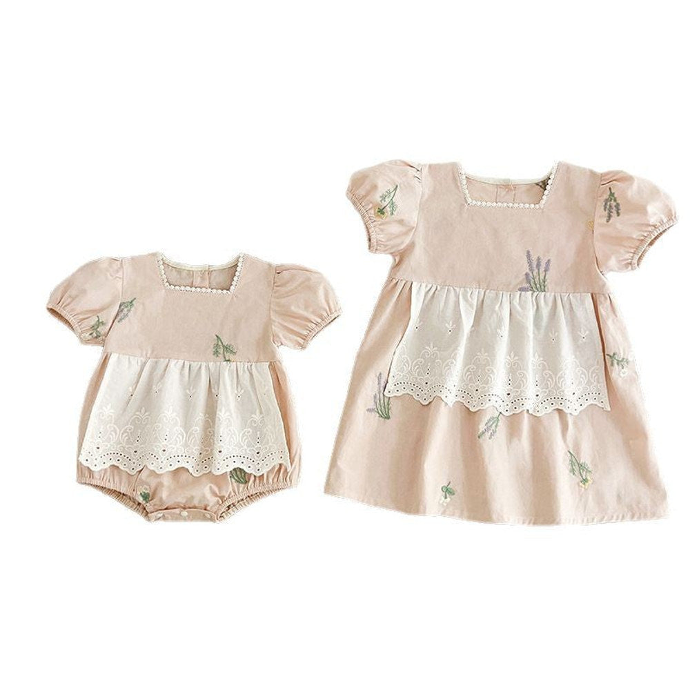 MyKids-USA® Baby Girls French-style Flowers Embroidery Pattern Short-sleeved bodysuit or Dress – Princess Sister Matching