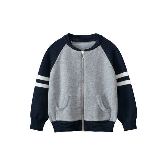 MyKids-USA® European and American Style Boys’ Outerwear: Striped Long Sleeves Single Breasted Knitted Coat for Children