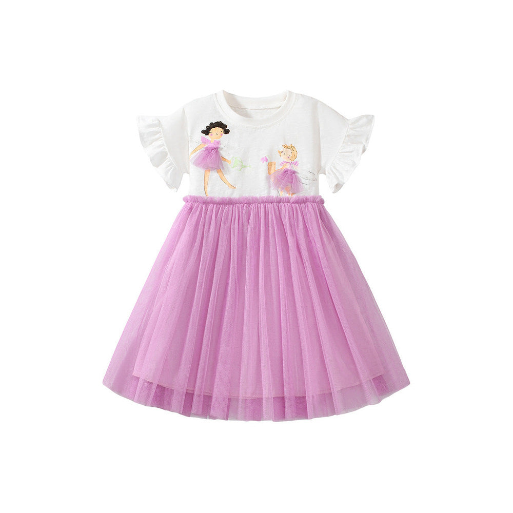 MyKids-USA® Pure Cotton Cartoon Dancers Pattern Short Sleeves Tulle Patchwork Dress for Stylish Girls