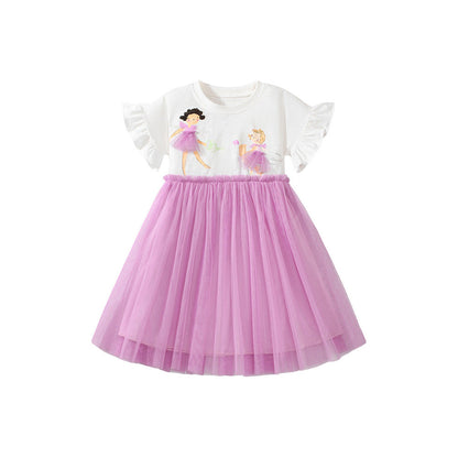 MyKids-USA® Pure Cotton Cartoon Dancers Pattern Short Sleeves Tulle Patchwork Dress for Stylish Girls