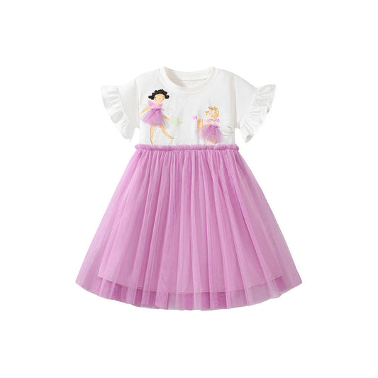 MyKids-USA® Summer Pure Cotton Cartoon Dancers Pattern Short Sleeves Tulle Patchwork Dress for Stylish Girls