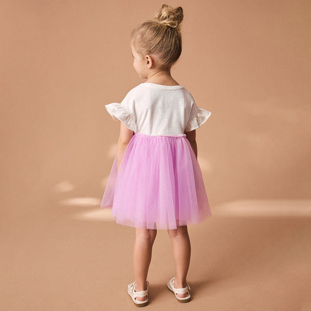 MyKids-USA® Pure Cotton Cartoon Dancers Pattern Short Sleeves Tulle Patchwork Dress for Stylish Girls