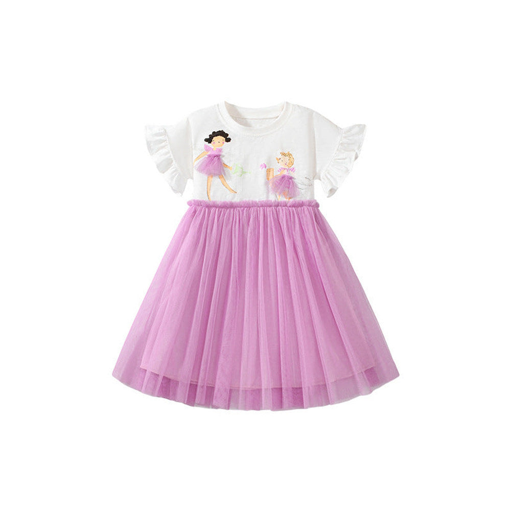MyKids-USA® Pure Cotton Cartoon Dancers Pattern Short Sleeves Tulle Patchwork Dress for Stylish Girls