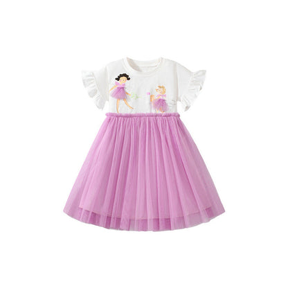 MyKids-USA® Pure Cotton Cartoon Dancers Pattern Short Sleeves Tulle Patchwork Dress for Stylish Girls