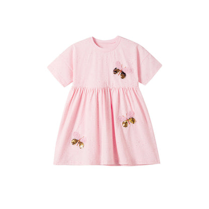 MyKids-USA® Sequin Butterfly Pattern Short Sleeves Pink Dress for Stylish Girls