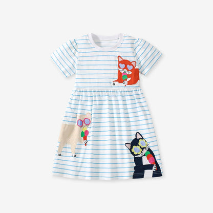 MyKids-USA® Pure Cotton Animals Cartoon Pattern Short Sleeves Dress for Stylish Girls