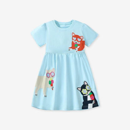 MyKids-USA® Pure Cotton Animals Cartoon Pattern Short Sleeves Dress for Stylish Girls