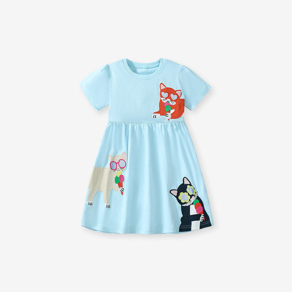 MyKids-USA® Pure Cotton Animals Cartoon Pattern Short Sleeves Dress for Stylish Girls