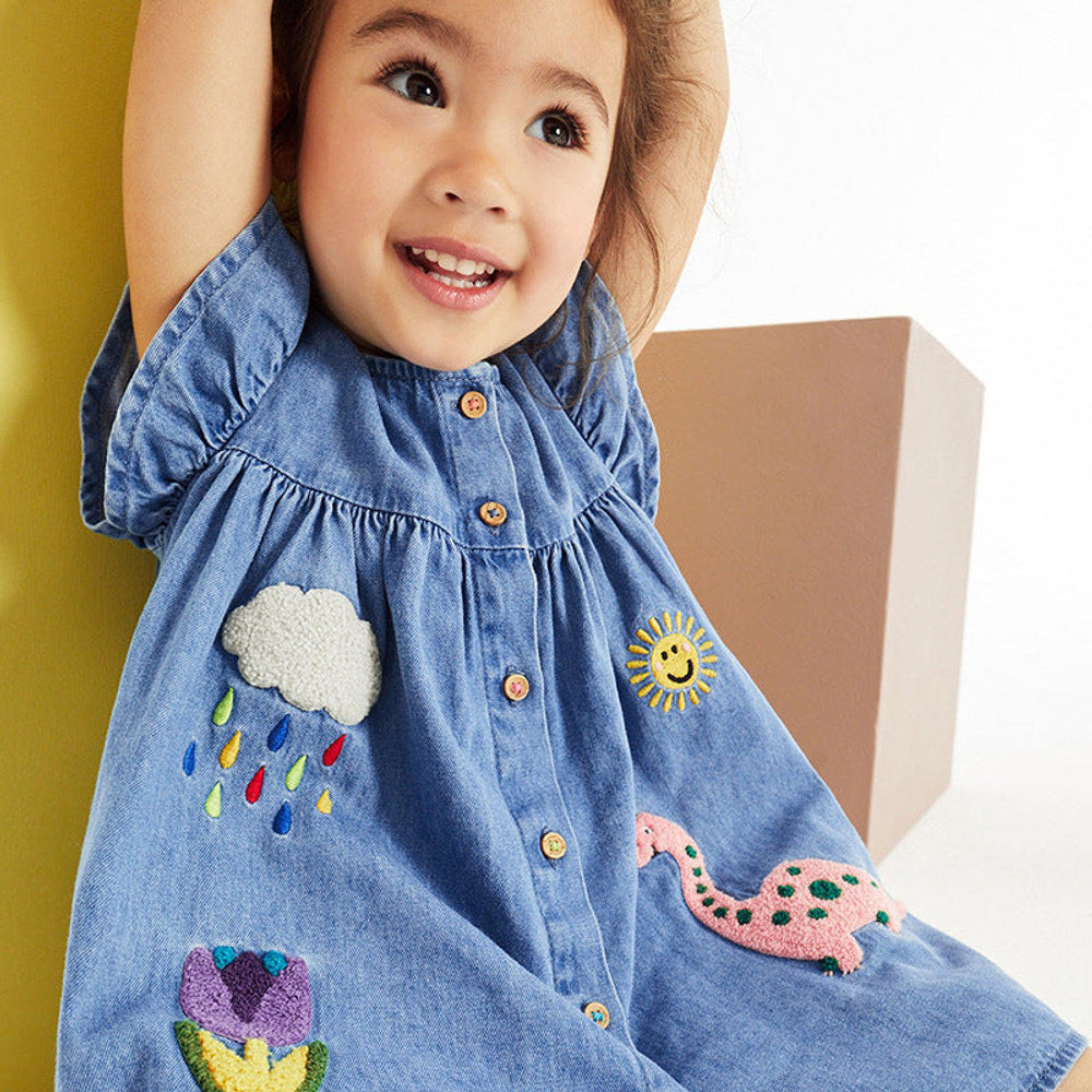 MyKids-USA® Denim Cartoon Pattern Fly Sleeves Dress for Stylish Girls