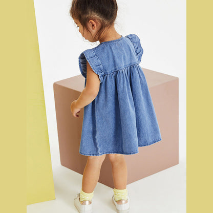 MyKids-USA® Denim Cartoon Pattern Fly Sleeves Dress for Stylish Girls