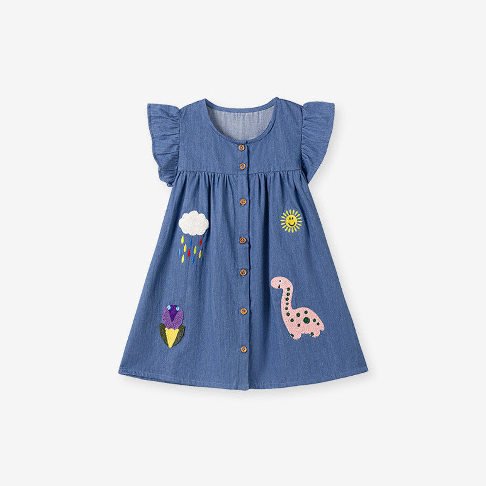 MyKids-USA® Denim Cartoon Pattern Fly Sleeves Dress for Stylish Girls