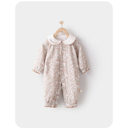MyKids-USA® Baby Girls Long Sleeves Floral Pattern Rompers with Simple Embroidery