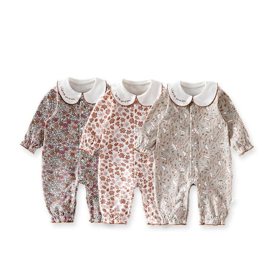 MyKids-USA® Baby Girls Long Sleeves Floral Pattern Rompers with Simple Embroidery
